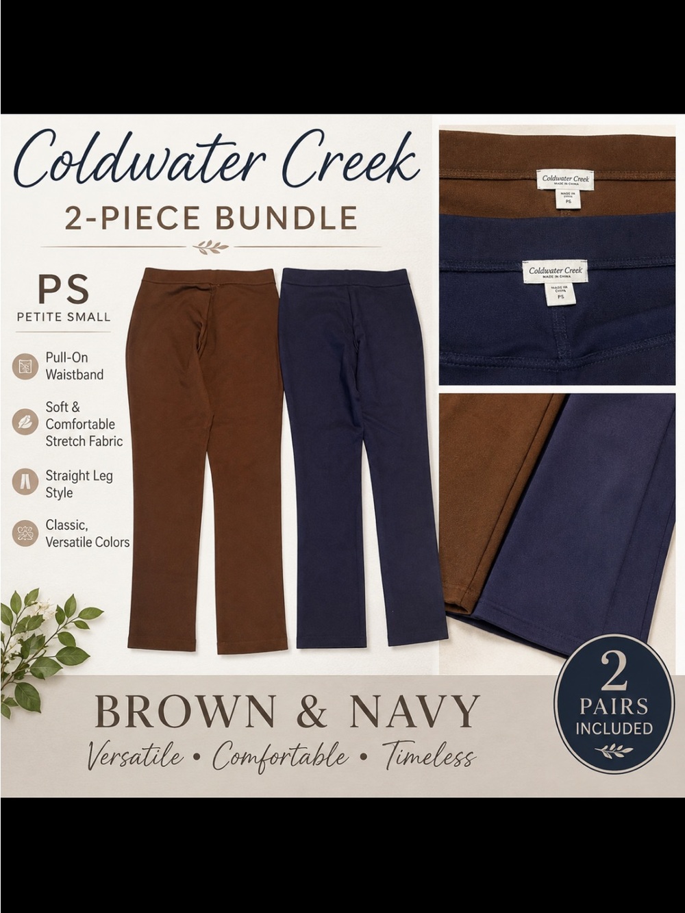 Coldwater Creek 2-Piece Straight Leg Pants in Brown & Navy